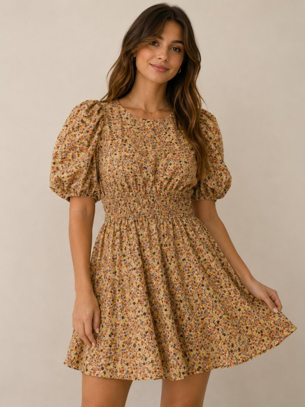Free People Pennie Mini Dress Honey Combo Yellow Floral Puff Sleeve